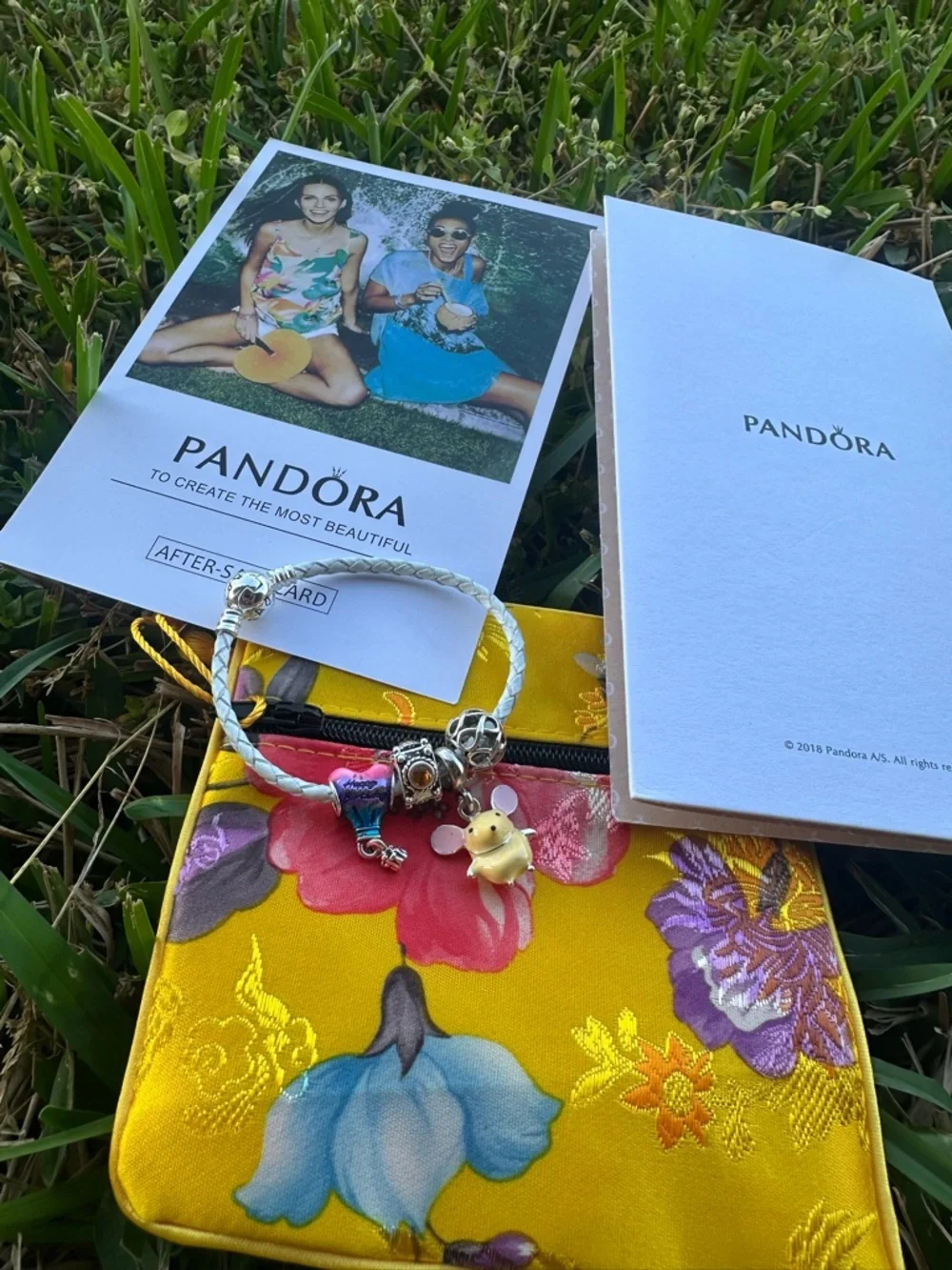 Pandora White Braided Bracelet with Yellow Mouse and Pink Shoe Charms - Picture 2 of 7